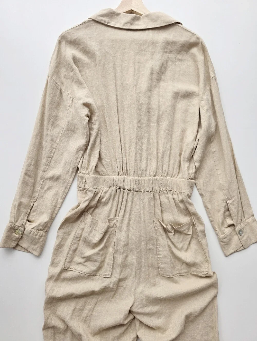 Zara Beige Linen Blend Button Front Collared Wide Leg Jumpsuit